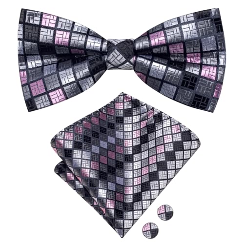 Image of Hi-Tie Bow Ties for Men Pre-Tied Pocket Square with Cufflinks Mens Bowtie Sets for Wedding Formal Party