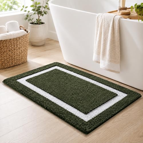 Image of Color&Geometry Green Bathroom Rugs 30x20, Extra Soft Absorbent Microfiber Bath Rugs, Non-Slip Bathroom mat, Washable Plush Bath Mats for Bathroom, Shower, Bathtub, Laundry, Green White