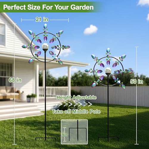 Image of Large Peacock Solar Wind Spinner Outdoor - Metal Kinetic Sculptures with Color-Changing Glass Ball, Dual Direction Spinning Garden Art Decor, Waterproof Lighted Windmills for Patio, Yard, Lawn