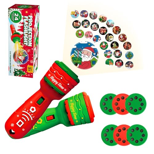 POPOYU 2Pcs Christmas Projector Torch for Kids Christmas Slide ProjectorTorch with Realistic 24 Patterns Flashlight Projector Kids Sleep Story Projector for Fun Xmas Stocking Eve Box Fillers