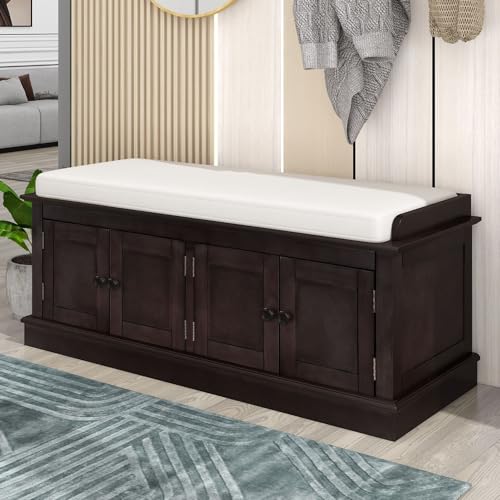 P PURLOVE Farmhouse Storage Bench for Entryway,Wood Storage Benches with Adjustable Shelves,Shoe Bench with Storage and Removable Cushion for Entryway,Espresso - Thumbnail 3