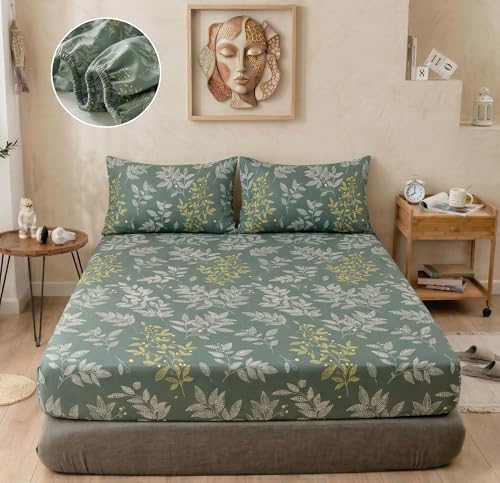 Image of BSB HOME 240 TC Cotton Fitted Double Bedsheet with 2 Pillow Covers, Elastic Bed Sheet, Soft Breathable Skin-Friendly Fabric, All Season Comfort - 72 x 72 + 8 Inches (Sage Green)