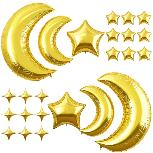 Image of Star and Moon Balloons New Years Balloons 36 Inch Metallic Gold Moon Foil Balloon 18 10 In Gold Star Shaped Balloon for Happy New Year Eve Ramadan Eid Baby Shower Wedding Birthday Party Decor