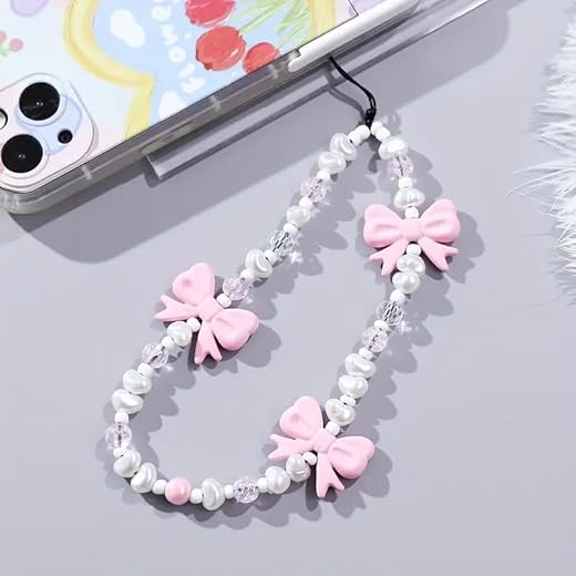 Pink Bow Beaded Mobile Phone Chain, Women's Mobile Phone Chain, Replacement Chain- For Everyday Use & Outdoor Activities