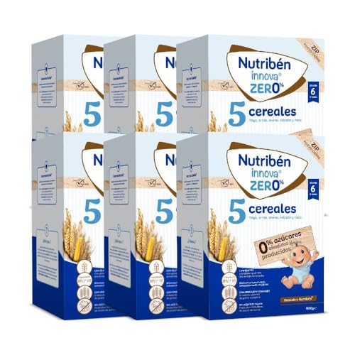 Nutribén innova ZERO 0% 5 Cereales, 3000g, Trigo, Arroz, Avena, Cebada y Maiz, Bebés a Partir de 6 Meses, 0% Azúcares Añadidos y producidos, Cereales Integrales, Pack de 6 Uds