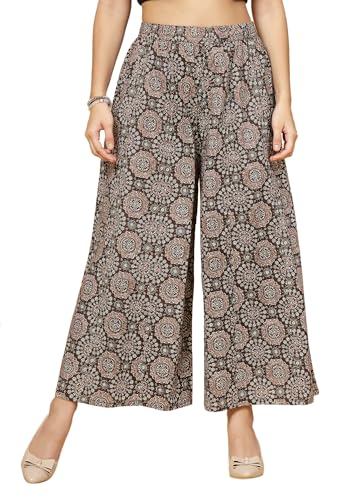 Image of Pistaa's Women's Regular Fit High Rise Pure Cotton Big Flair Printed Regular Palazzo
