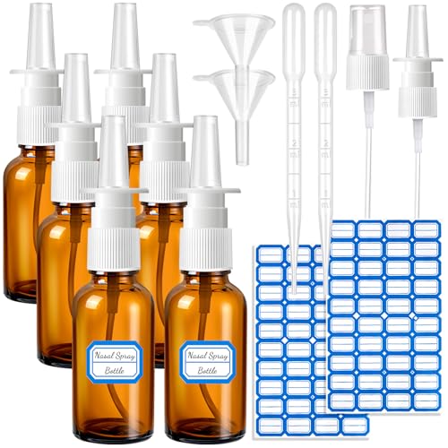 14 Pcs Nasal Spray Bottle, 30ML/1OZ 6 Pcs Empty Refillable Fine Mist Glass Nasal Spray Bottle with 2 Pcs Funnels, Labels, Dropper, Nozzle
