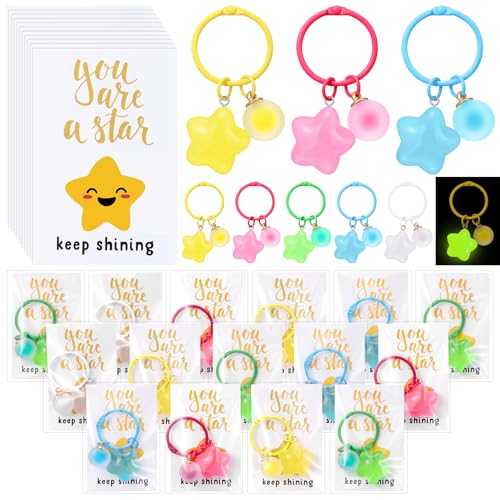 Tondiamo 25 Sets Glow In the Dark Keychains with Star Cards Appreciation Gifts for Prize Rewards (Yellow,Blue,Pink,White)