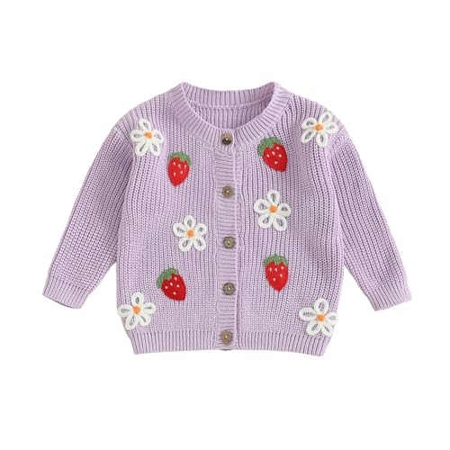 Fall Winter Toddler Baby Girl Cute Knit Sweater Long Sleeve Crew Neck Strawberry Flower Embroidery Button Cardigan Knitwear Warm Kids Clothes (Purple, 3-4 Years)