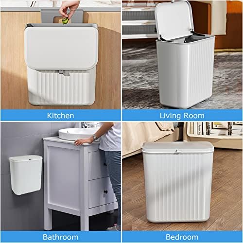 AKOLAFE 9L Plastic Kitchen Bin, Hanging Trash Can with Lid, Wall Mounted Waste Bin, Hanging Trash Bin Trash Can, Grey Under Sink Cupboard Bins for Kitchen Cabinet, Bedroom, Bathroom and More