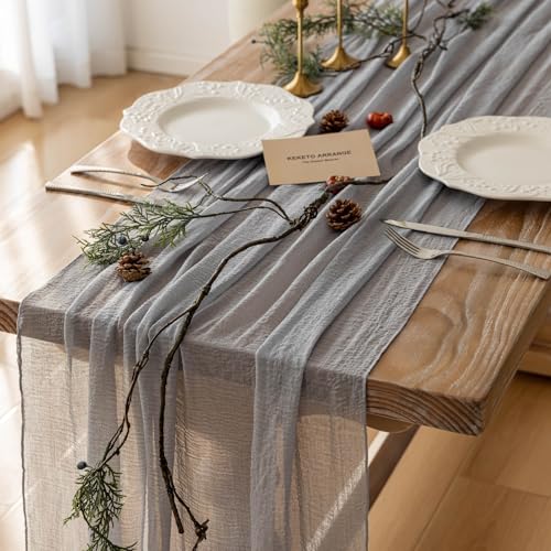 Image of 2Pcs Dusty Blue Cheesecloth Table Runner 120 Inches for Party Home Decor | Ideal for wedding baby shower bridal shower birthday engagement party,or adding rustic boho charm to daily home.