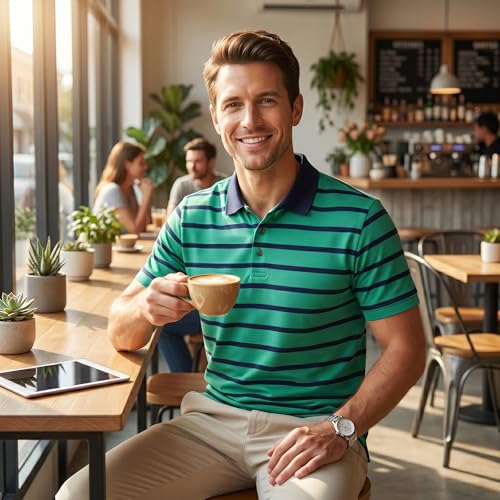 Polo de algodón a rayas para hombre, suave, transpirable y elástico, con cuello y mangas cortas para golf, tenis y casual miniatura 5