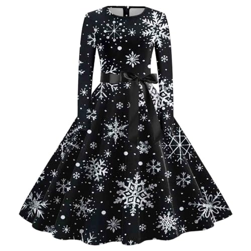 Kleid Weihnachten Damen, Weihnachts Cocktailkleid, Langarm Blütenblatt V-Ausschnitt Weihnachtskleider Damen A-Linie Hohe Taille Seil Weihnachten...