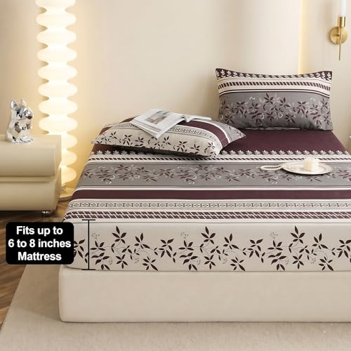 Image of IVAZA Ezyption Cotton Super Soft 240 TC Elastic Fitted All Around Elastic Printed King Size Double Bed Bedsheet with 2 Pillow Cover 72 inch X 78 inch3 Wine Floral