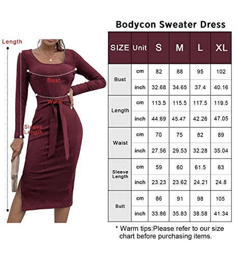Prettygarden Women's Long Sleeve Square Neck Slit Bodycon Sweater Dress Tie Waist Ribbed Slim Fit Knit Midi Dress(Small, Wine Red) #TOP5