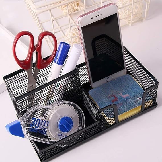 Mesh Desk Organiser Black Pencil Holder Tidy 3 Compartment Desktop Stationery Storage Tool Sticky Notes Organizer & Pen Holders Ideal For Bed Room Class Room & Office Table Accessories - Image 2