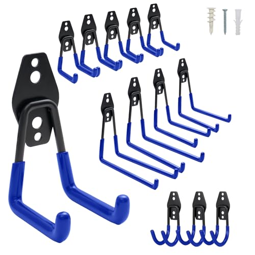BREEZENEST Pack Heavy Duty Garage Hooks – Wall Mounted Utility Hangers for Tools, Ladders, Bikes, Garden Equipment – Strong Metal Hooks with Non-Slip Coating for Shed, Workshop, Garage Storage (Blue)