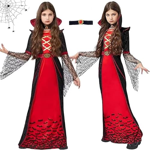 DTXYBC Disfraz de Vampiro Niña, Vestido Vampiresa con Collar, Disfraz de Halloween de Vampiro para Niñas, Disfrazs Halloween Niña, Disfrazs Gótico de Vampiros, para Halloweens Carnaval Cosplay (L)