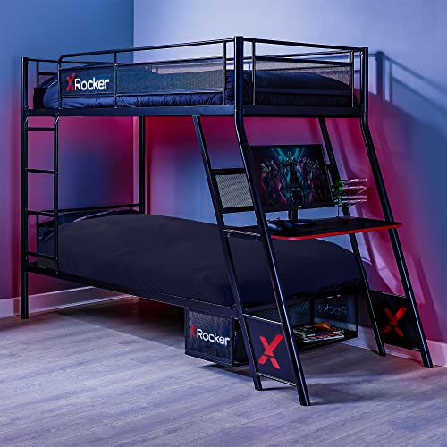 X-Rocker Armada Etagenbett, Gaming-Bett mit Metallrahmen für Kinder, Jugendliche und Junioren, integrierter Gaming-Schreibtisch für PC- und Konsolenspiele, 90 x 190 cm, für Jungen und Mädchen, SCHWARZ