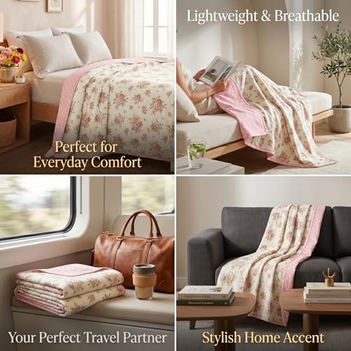 Image of HOMEKART Luxury Cotton Dohar Blanket for Single Bed | Ultra Soft Reversible AC Quilt | Floral Printed Lightweight Summer Blanket | 58x88Inches (Terracotta Pink)