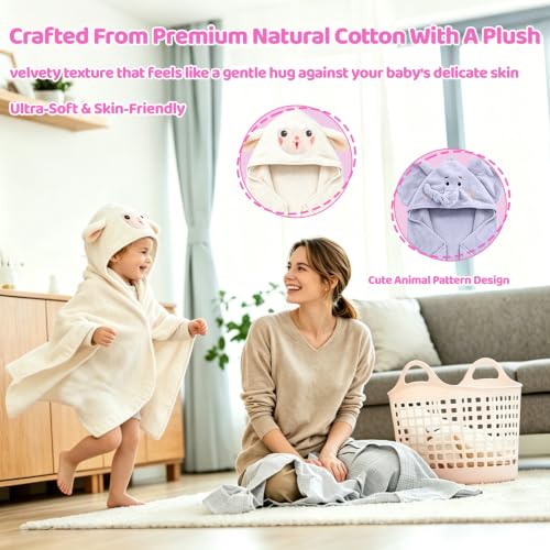 Image of Hooded Baby Towel- Large Baby Towel with Hood(31.5 x 31.5 Inch), Natural toddler towels,Ultra Soft and Absorbent Coral Velvet Coral Fleece Bath Towel for Infants, Newborns, Toddlers (Sheep-Elephant)