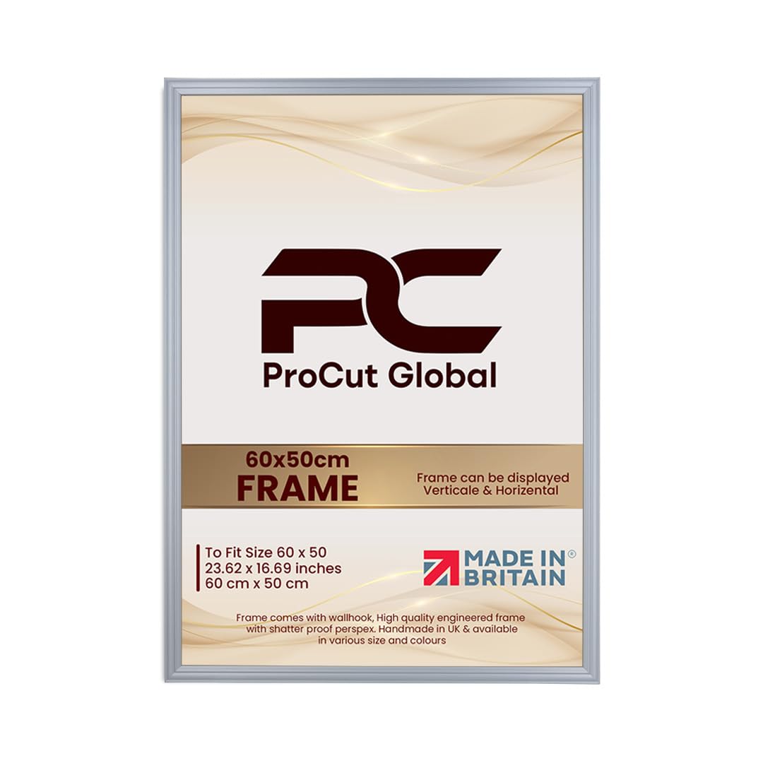 Procut Global 60x50CM Silver Picture Frames - Classic Wooden Photo Frame with Shatterproof Perspex for Wall or Tabletop - Perfect for Posters, Certificates & Prints - Sizes & Colors Available