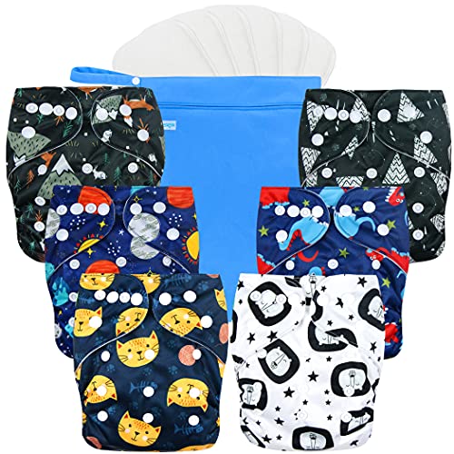 Image of wegreeco Cloth Diapers 6 Pack with 6 Inserts & 1 Wet Bag, Washable Cloth Diapers for Babies, One Size Adjustable Reusable Diapers Baby (Dinosaur)