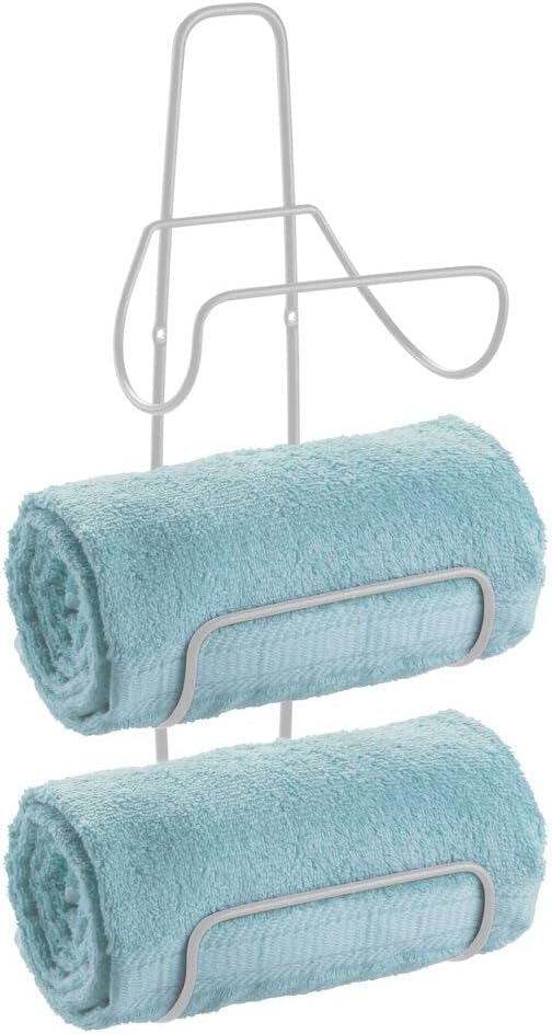 mDesign Metal Wall Mount 3 Level Bathroom Towel Rack Holder & Organizer - for Storage of Washcloths, Hand Towels - Use in Guest, Master, Kid's Bathrooms - Light Gray