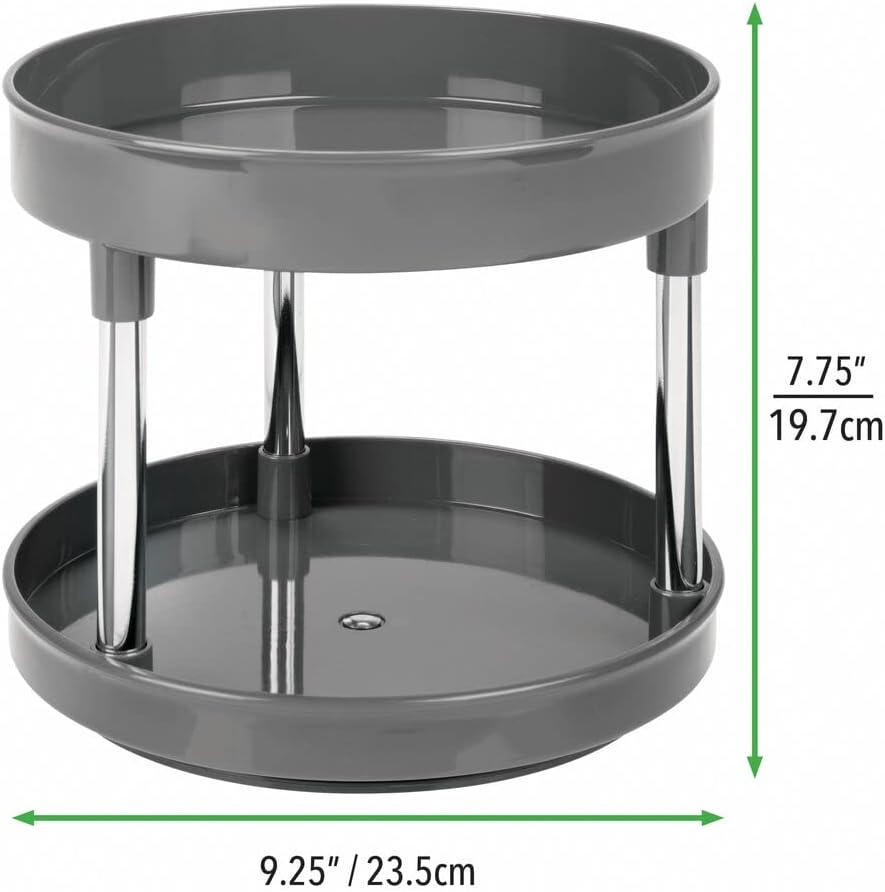 mDesign 2-Tier Lazy Susan Turntable for Kitchen Cabinets and Fridge - 9" Rotating Organizer - Raised Edge Storage Turntable Organizer for Condiments - Ligne Collection - 2 Pack - Charcoal Gray/Chrome