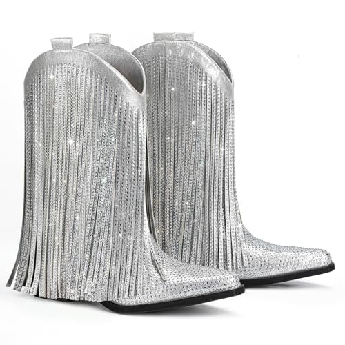 Bybmorto Bybmorto Cowgirl Boots for Women - Silver Rhinestone Sparkly Fringe Cowboy Boots, Pointed Toe Chunky Heel Pull-On Glitter Western Booties for Wedding Size 10