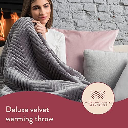 Dreamland Deluxe Velvet Herringbone Heated Throw Grey Intelliheat+ 5 Minute Fast Heat Electric Throw, 120x160 cm, 1 Control, 6 Temperature Settings, Timer, Machine Washable and Tumble Dry Safe