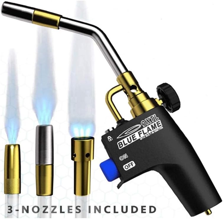FRCTL Blue Flame 9XTL - Multi Purpose Mapp & Propane Torch | Includes 3 - Nozzles/Tips | Built-in Ignition | Flow Regulator & Flame Lock