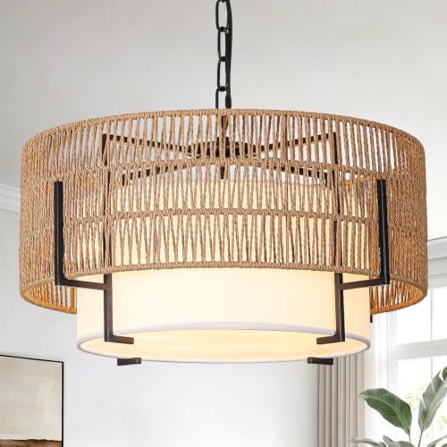 4-Light Rattan Chandelier, 19.7" Large Boho Hand Woven Pendant Light