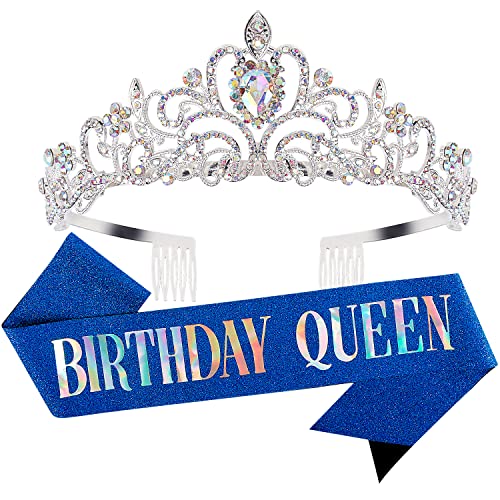 Velscrun Happy Birthday Queen AB Silver Tiara Crowns for Women, Blue Sash, Party Favors & Decorations