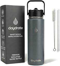 Insulated Metal Water Bottle with Straw 750ml- Stainless Steel Water Bottle, BPA Free, Dual Lid Straw & Spout, Leakproof, 24 Hours Cold & Hot, Work, Travel, Gym Bottle for Men & Women - Grey- Daydrate