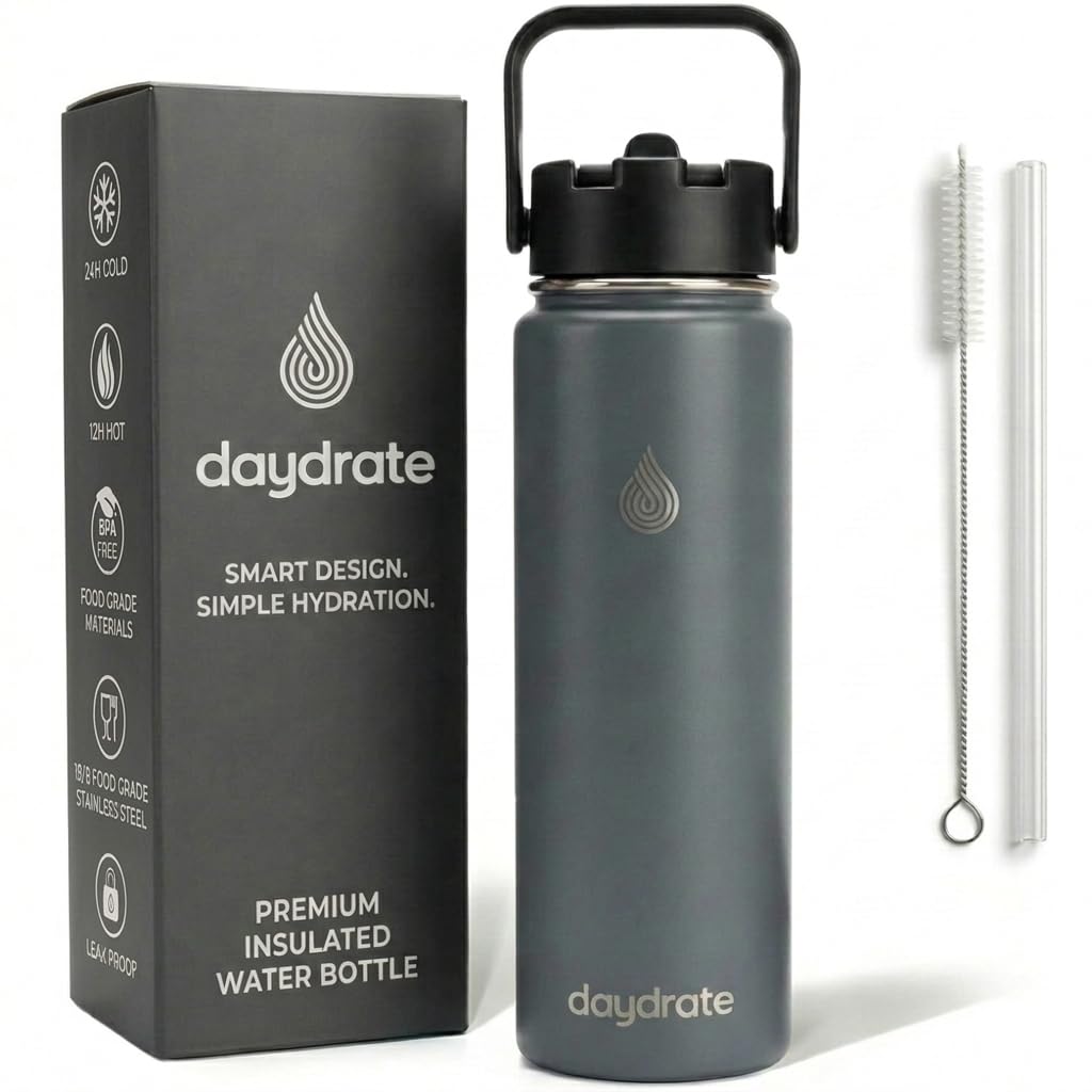 Insulated Metal Water Bottle with Straw 750ml- Stainless Steel Water Bottle, BPA Free, Dual Lid Straw & Spout, Leakproof, 24 Hours Cold & Hot, Work, Travel, Gym Bottle for Men & Women - Grey- Daydrate