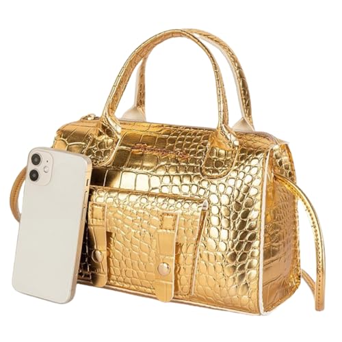 Gold crossbody bags for women，Metallic Crocodile Print Double Handle Satchel Shoulder Bag Purse