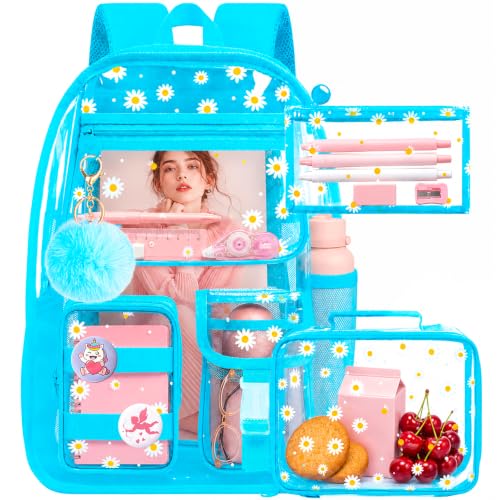WZLVO Transparent Backpack for Girls, 17" Women Heavy Duty PVC See Through Bookbag, Cute Stadium Approved Clear School Bags for Elementary Preschool - Aesthetic Chrysanthemum Sky Blue