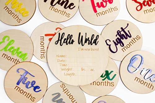 Image of YELLOWBRAND –Premium Baby Monthly Milestone Cards | Colorful Acrylic Wooden Discs | Personalized Photo Props & Cards Set | for Baby Shower, Newborn, Unisex/Gender Neutral, Keepsake Gifts | 14 Pieces