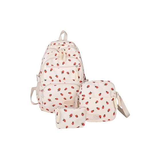 Bow Backpack for Women 3Pcs Set Kawaii Coquette Nylon Backpack Cute College Laptop Rucksack Fashion Travel Daypack 2025 New (Beige Strawberry)