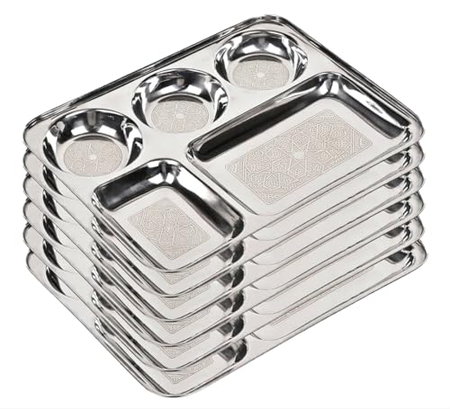 Image of Tableware Serving Stainless Steel Partition Plate 5 in1 / Bhojan Thali /Dinner Plate Set of 6 Partition Plate