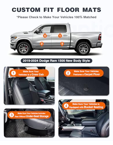 Image of Floor Mats for RAM 1500 New Body 2019-2024 Crew Cab (Bucket Seats, No Under Seat Storage, Not for Classic Models), Custom Fit TPE All Weather Floor Liners, Waterproof Anti-Slip Truck Mats
