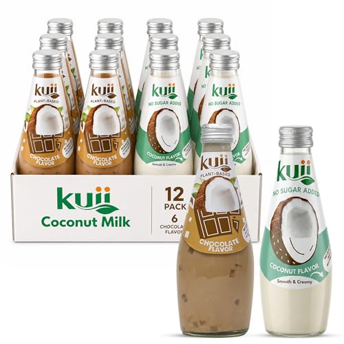 Kuii Coconut Milk Drink – Variety Pack with Chocolate Coconut Jelly Drink & Smooth Original Flavor, No Sugar Added, 12-Pack 9.8 fl oz Glass Bottles