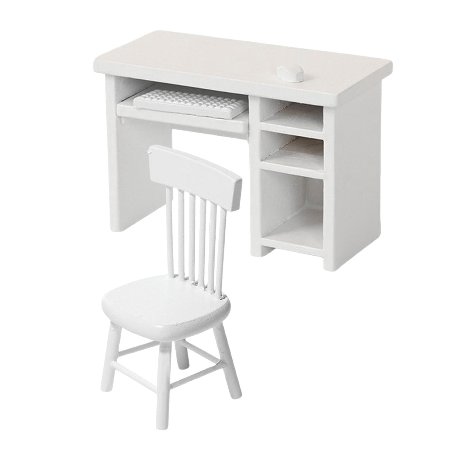 1:12 Scale Dollhouse Computer Desk & Chair Set, Educational Play Dollhouses Accessories Scene, Miniature Wood Study Office Furniture with Keyboard