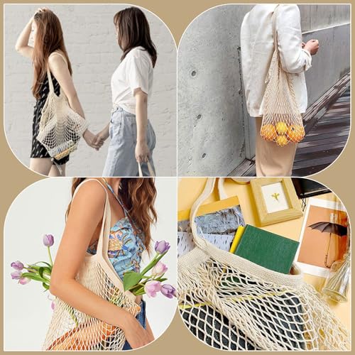 LaresDay 2 Stück Bio-Baumwolle Netzbeutel mit Doppelgriff – Wiederverwendbare Obsttasche & Gemüsenetz | Faltbares Einkaufsnetz mit Langem/Kurzem Griff, Nachhaltig & Robust (Beige)