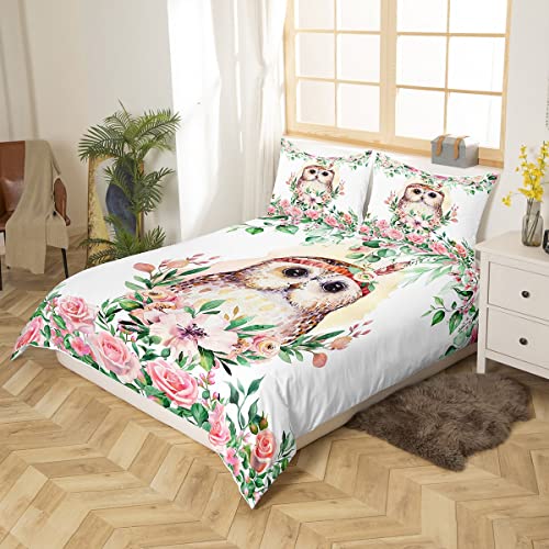 Girls Owl Bedding Set Cute Cartoon Animal Owl Print Duvet Cover Twin Size For Boys Kids Lovely Owl Decor Comforter Cover Pink Flower Branch Spring Theme Bedding 3D Watercolor Owl Duvet Cover 2 Pcs #TOP2