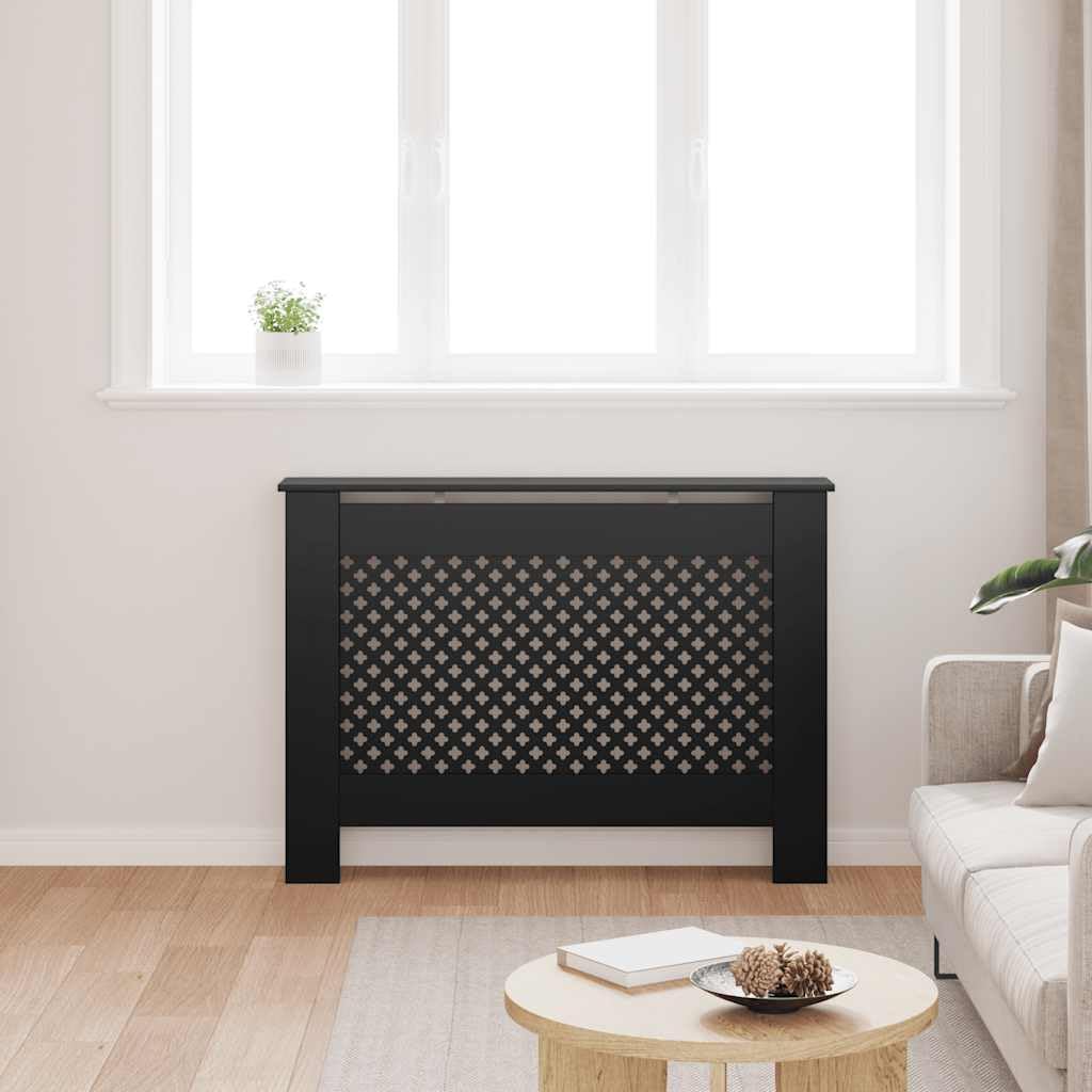 Heizkörperverkleidung Schwarz MDF 112x19x81,5 cm mit Latten-Design für Wohnzimmer, einfache Montage, platzsparende Abdeckung mit Wabenmuster für Heizung und Temperaturregelung