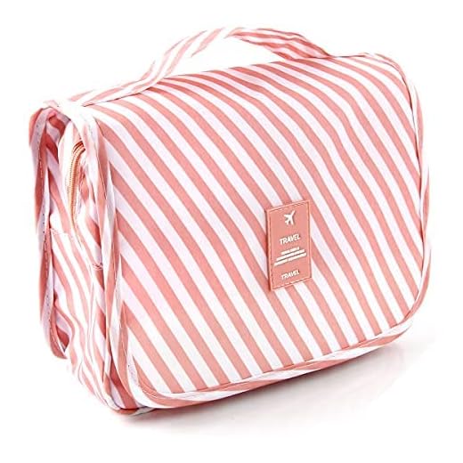 Discoball Trousse de maquillage pour femme, trousse de rangement pour maquillage, organiseur de toilette de voyage, étanche, pliable, à suspendre, parfaite pour les voyages/usage quotidien, rose rayé