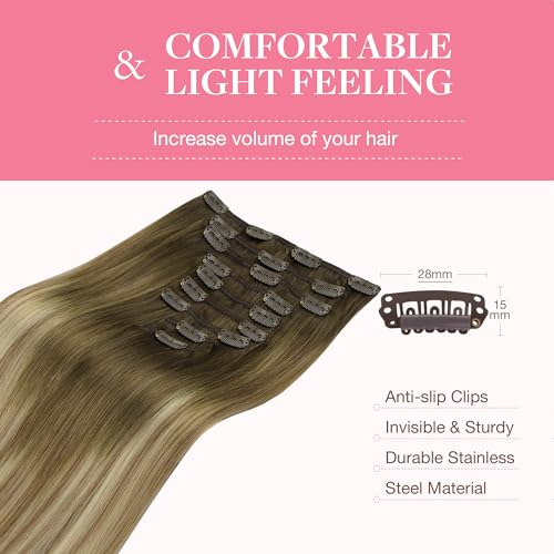 Image of GOO GOO Clip in Hair Extensions Real Human Hair, Remy Human Hair Extensions Clip ins for Women, Natural Human Hair, 18inch 150g 9Pcs, 3 /8 /613 Balayage Walnut Brown to Ash Brown and Bleach Blonde