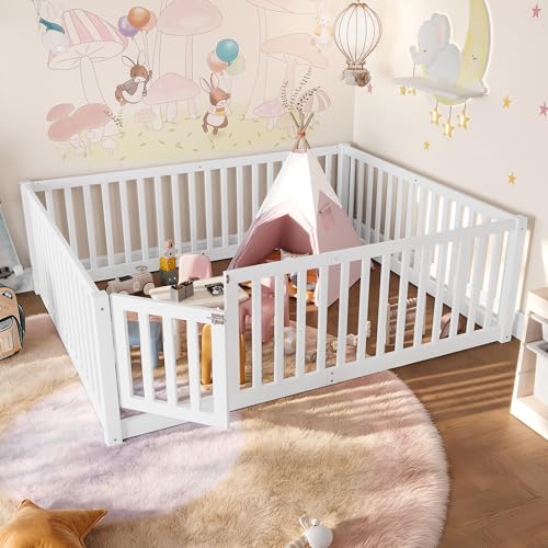 Image of Bellemave Full Size Kids Montessori Floor Bed with Door,Solid Wood Floor Bed Frame with High Fence for Girls,Boys,White